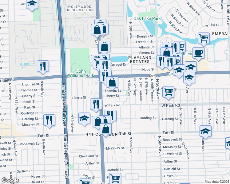 map of restaurants, bars, coffee shops, grocery stores, and more near 5910 Liberty Street in Hollywood