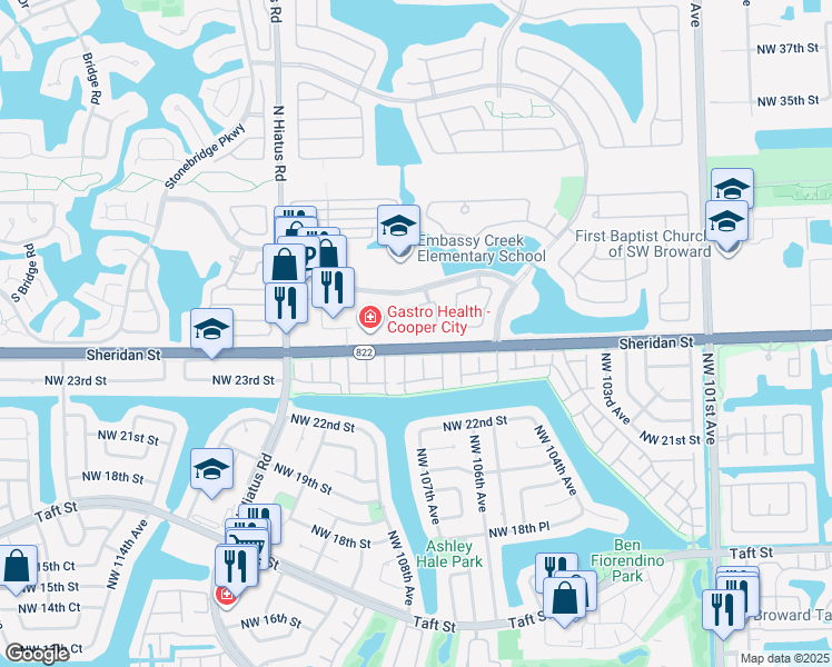 map of restaurants, bars, coffee shops, grocery stores, and more near 2381 Oak Court in Pembroke Pines