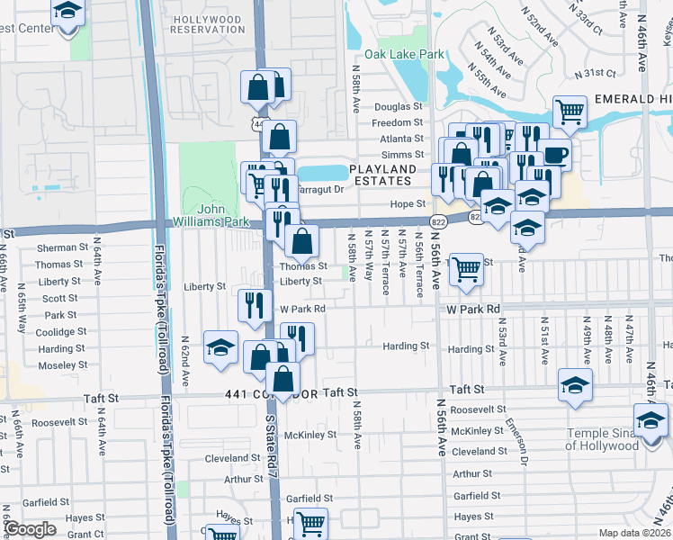 map of restaurants, bars, coffee shops, grocery stores, and more near 5813 Siena Lane in Hollywood