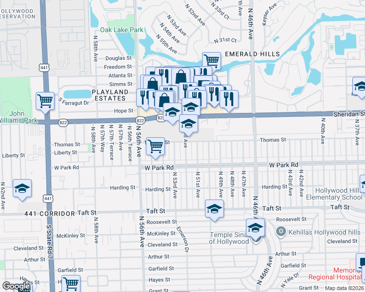 map of restaurants, bars, coffee shops, grocery stores, and more near 2111 North 52nd Avenue in Hollywood