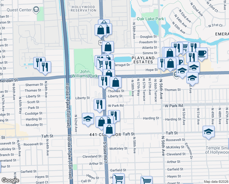 map of restaurants, bars, coffee shops, grocery stores, and more near 2331 North 59th Terrace in Hollywood