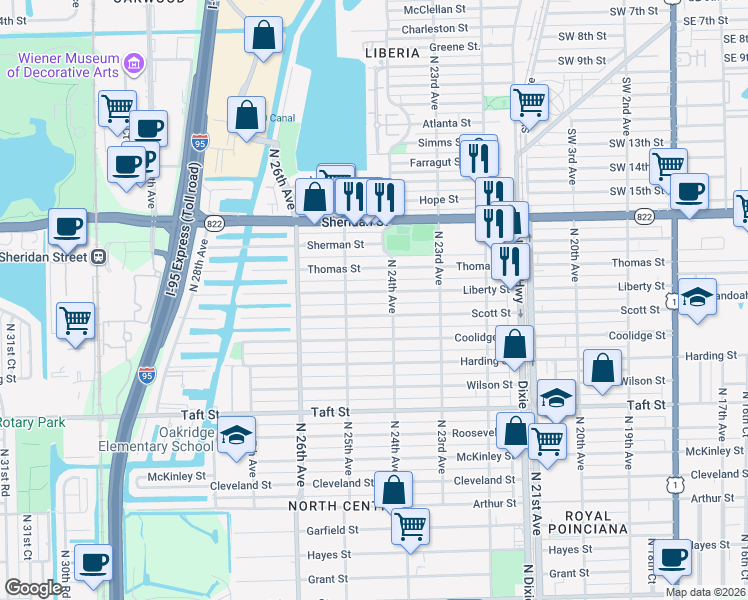 map of restaurants, bars, coffee shops, grocery stores, and more near 2403 Liberty Street in Hollywood