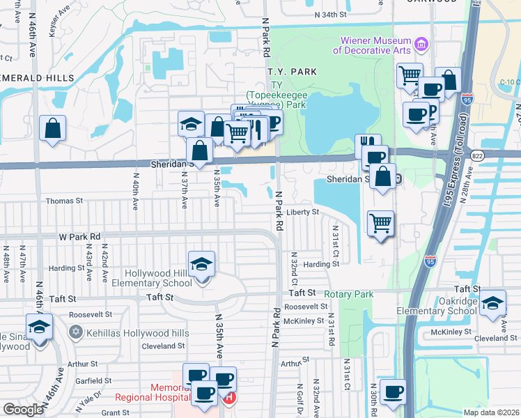 map of restaurants, bars, coffee shops, grocery stores, and more near 2470 North Park Road in Hollywood
