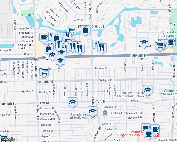 map of restaurants, bars, coffee shops, grocery stores, and more near 4721 Thomas Street in Hollywood