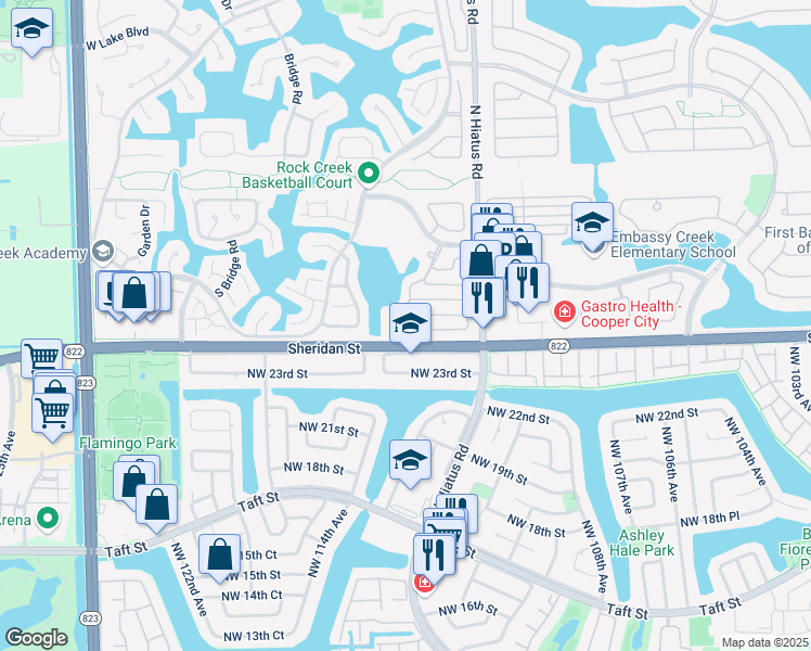 map of restaurants, bars, coffee shops, grocery stores, and more near 11331 Rockinghorse Road in Hollywood