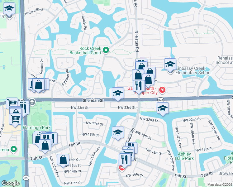 map of restaurants, bars, coffee shops, grocery stores, and more near 11331 Rockinghorse Road in Hollywood