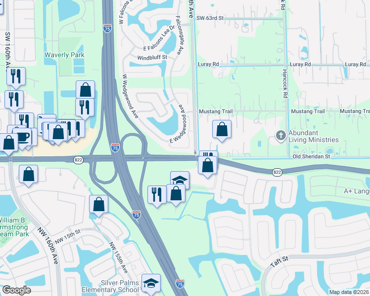 map of restaurants, bars, coffee shops, grocery stores, and more near 6959 Southwest 148 Lane in Davie