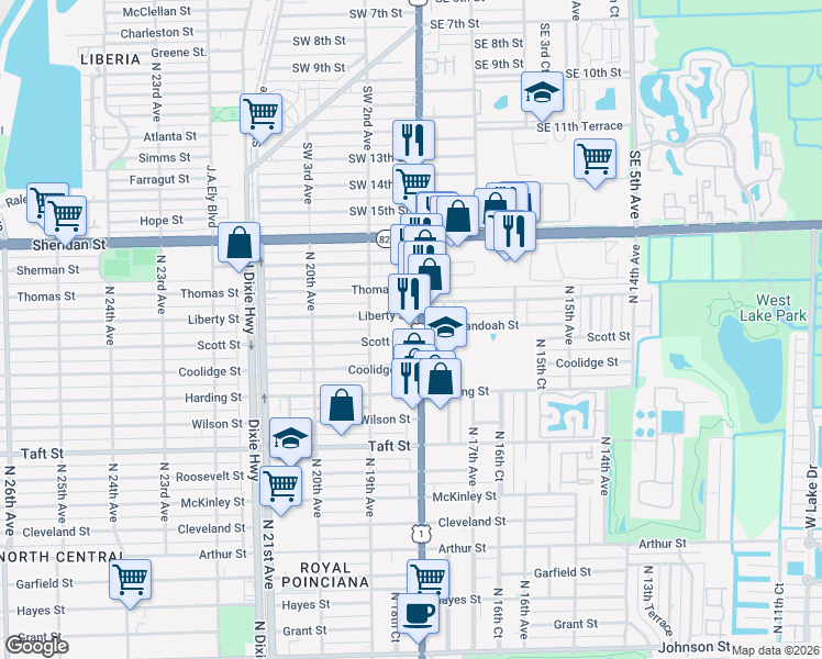 map of restaurants, bars, coffee shops, grocery stores, and more near 2200 North Federal Hwy in Hollywood
