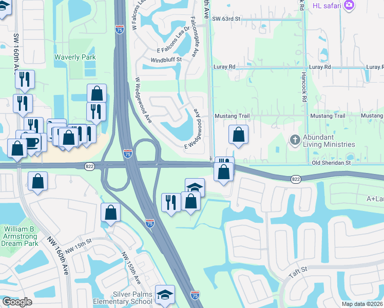 map of restaurants, bars, coffee shops, grocery stores, and more near 6959 Southwest 148 Lane in Davie