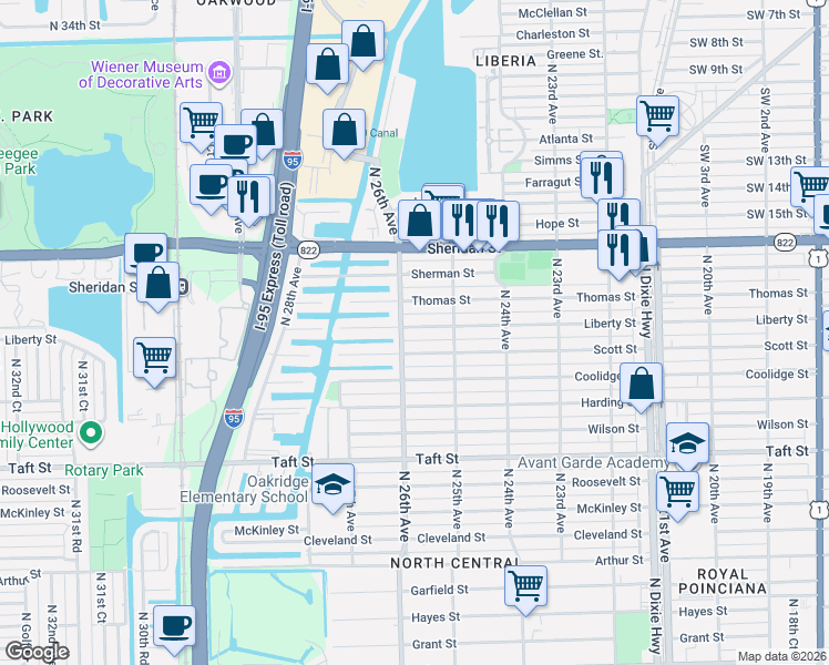 map of restaurants, bars, coffee shops, grocery stores, and more near 2527 Liberty Street in Hollywood