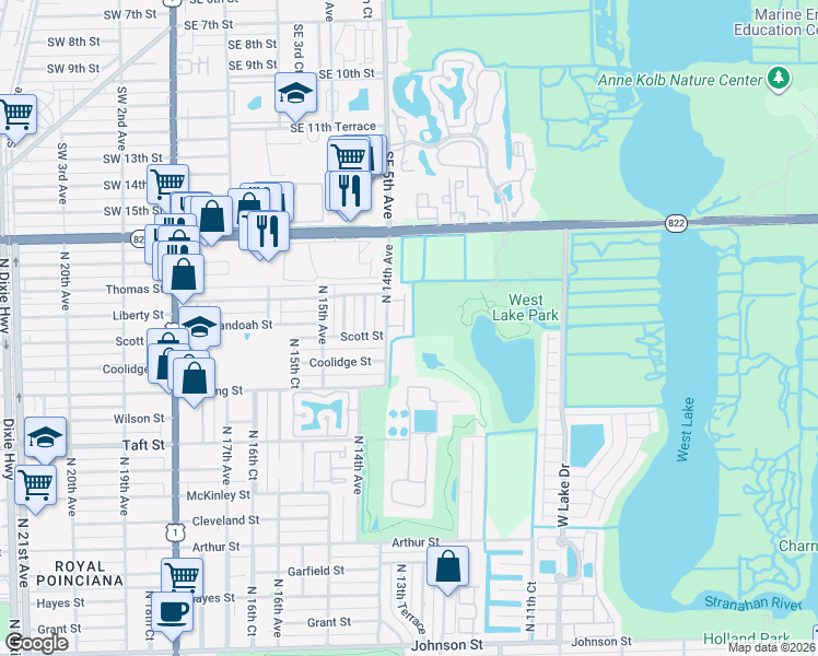 map of restaurants, bars, coffee shops, grocery stores, and more near 2185 North 14th Avenue in Hollywood