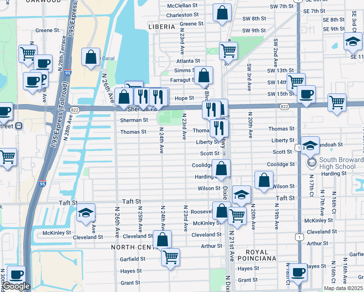 map of restaurants, bars, coffee shops, grocery stores, and more near 2313 Liberty Street in Hollywood