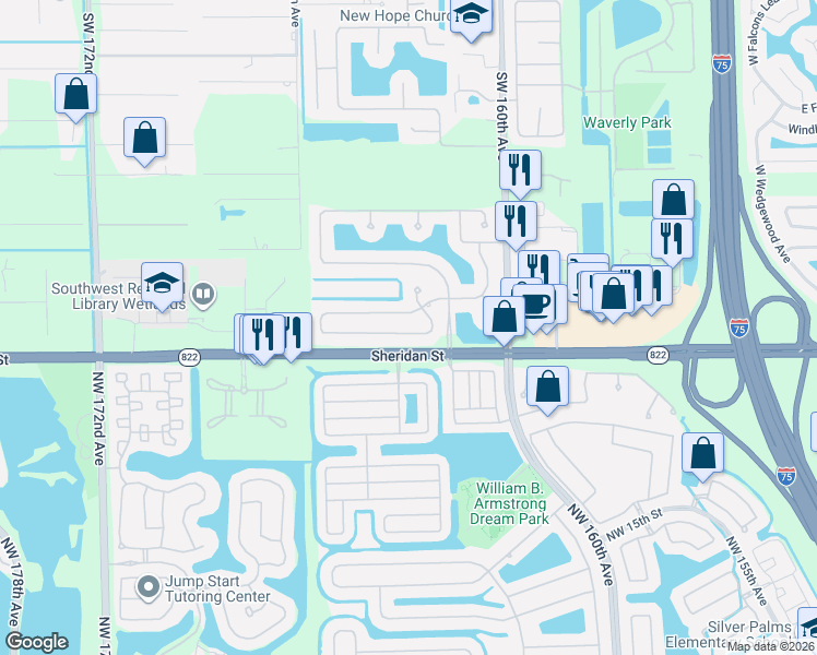 map of restaurants, bars, coffee shops, grocery stores, and more near 16315 Mariposa Circle North in Davie