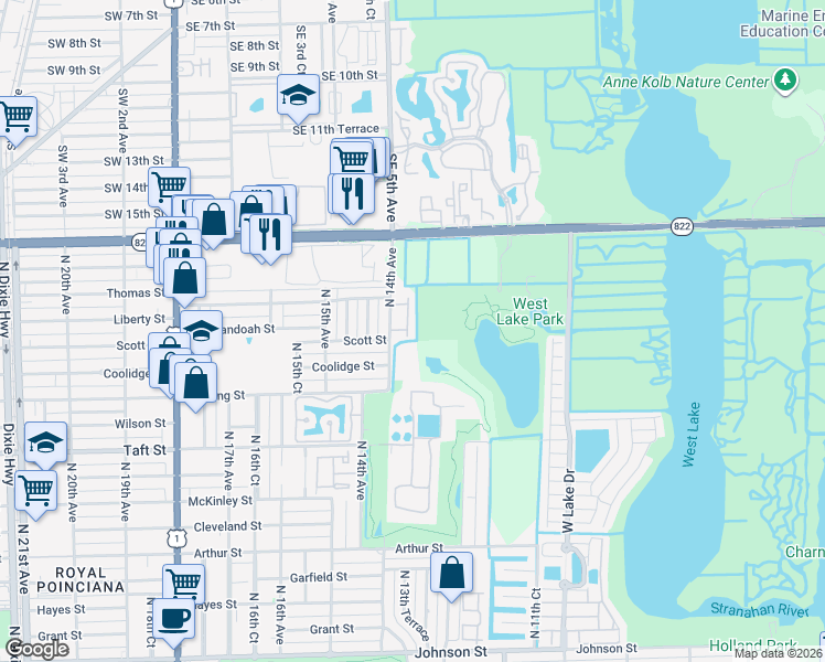map of restaurants, bars, coffee shops, grocery stores, and more near 2185 North 14th Avenue in Hollywood