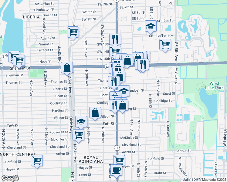 map of restaurants, bars, coffee shops, grocery stores, and more near 2200 North Federal Hwy in Hollywood