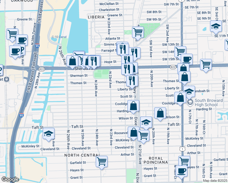 map of restaurants, bars, coffee shops, grocery stores, and more near 2227 Liberty Street in Hollywood