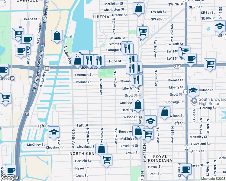 map of restaurants, bars, coffee shops, grocery stores, and more near 2313 Liberty Street in Hollywood