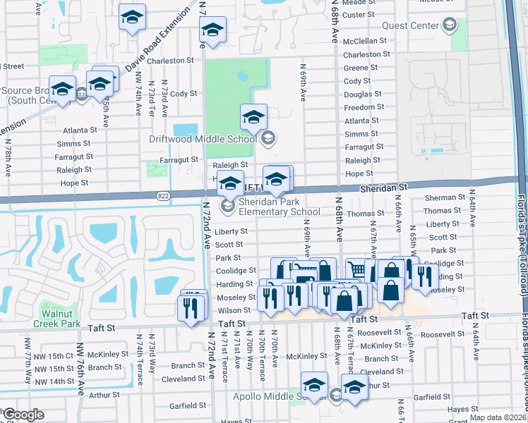 map of restaurants, bars, coffee shops, grocery stores, and more near 2340 North 70th Avenue in Hollywood