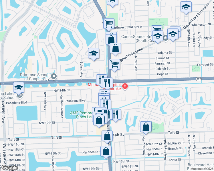 map of restaurants, bars, coffee shops, grocery stores, and more near in Davie