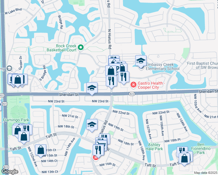 map of restaurants, bars, coffee shops, grocery stores, and more near 2603 North Hiatus Road in Hollywood