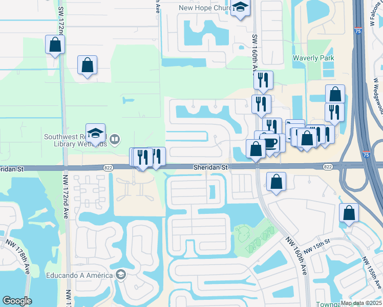 map of restaurants, bars, coffee shops, grocery stores, and more near 16455 Mariposa Circle South in Fort Lauderdale
