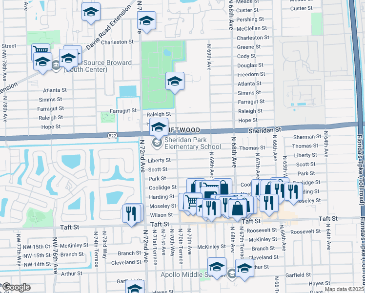 map of restaurants, bars, coffee shops, grocery stores, and more near 2340 North 70th Avenue in Hollywood