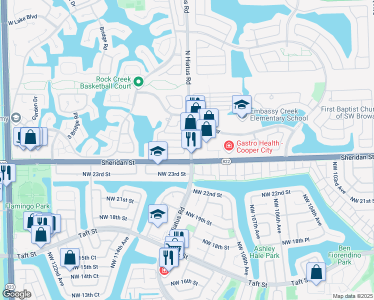 map of restaurants, bars, coffee shops, grocery stores, and more near 2603 North Hiatus Road in Hollywood