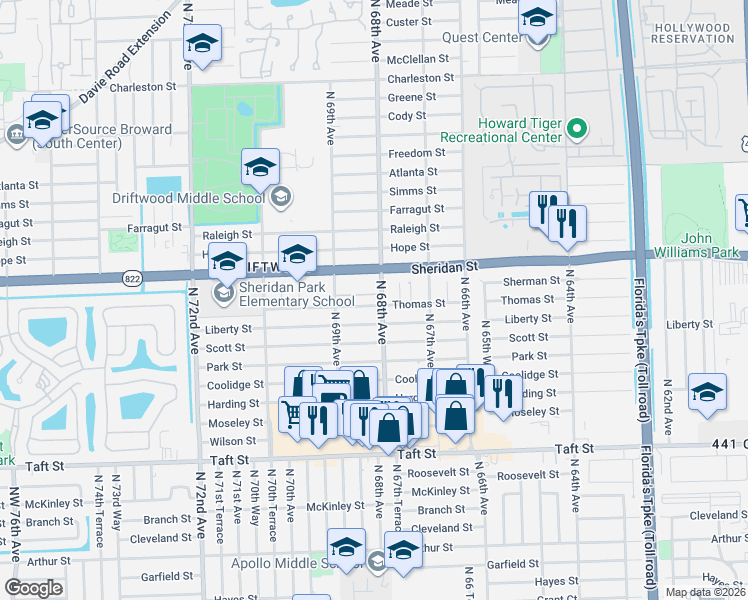 map of restaurants, bars, coffee shops, grocery stores, and more near 2341 North 68th Avenue in Hollywood