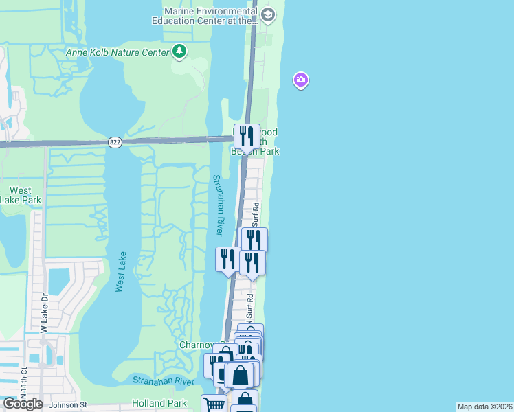 map of restaurants, bars, coffee shops, grocery stores, and more near 3111 North Surf Road in Hollywood
