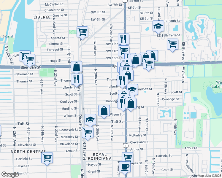 map of restaurants, bars, coffee shops, grocery stores, and more near 1855 Liberty Street in Hollywood