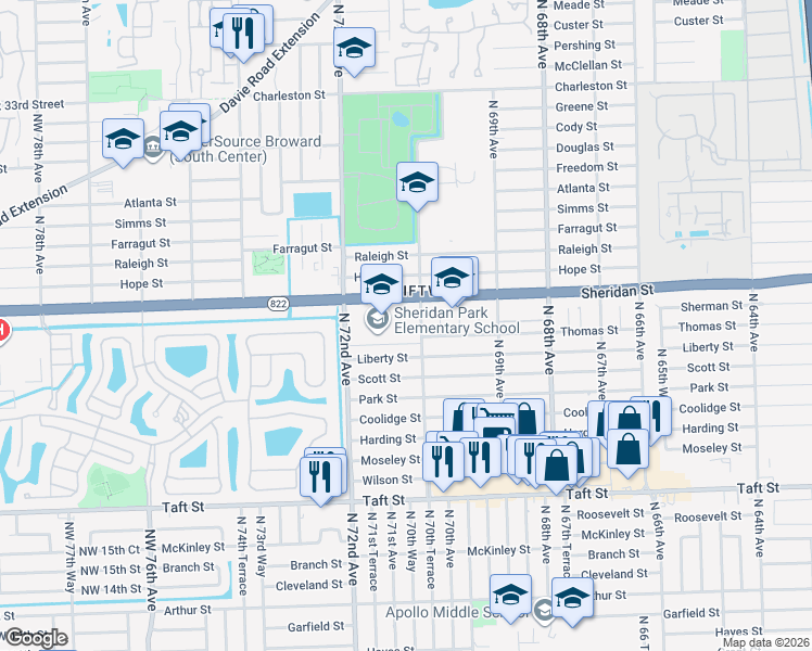 map of restaurants, bars, coffee shops, grocery stores, and more near 2310 North 70th Terrace in Hollywood