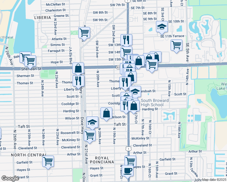 map of restaurants, bars, coffee shops, grocery stores, and more near 1855 Liberty Street in Hollywood