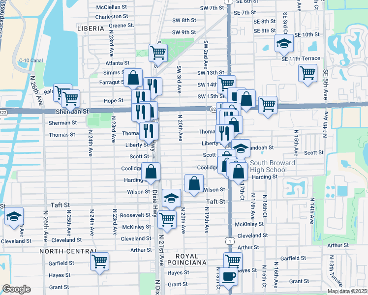 map of restaurants, bars, coffee shops, grocery stores, and more near 2011 Liberty Street in Hollywood