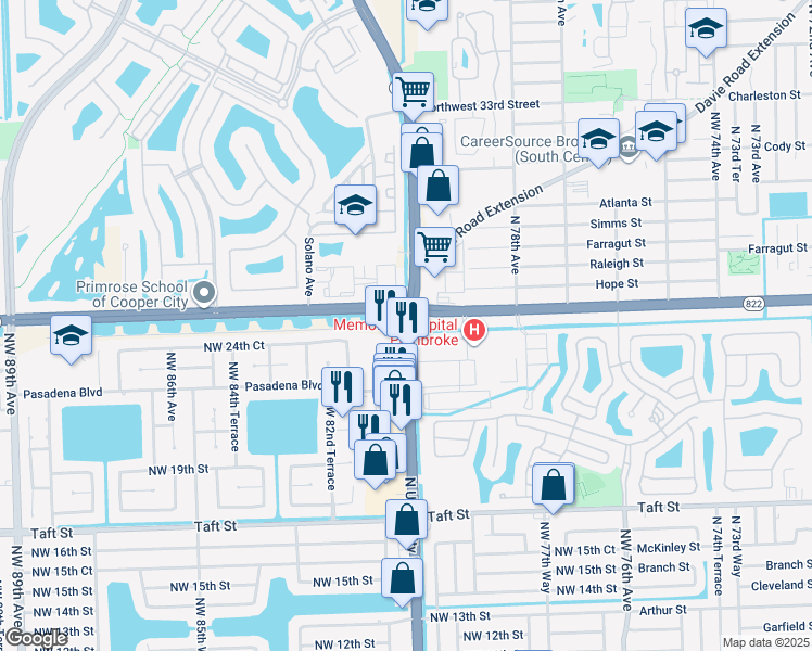 map of restaurants, bars, coffee shops, grocery stores, and more near in Davie
