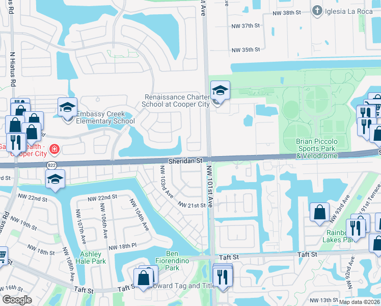 map of restaurants, bars, coffee shops, grocery stores, and more near 10202 Caracas Street in Hollywood