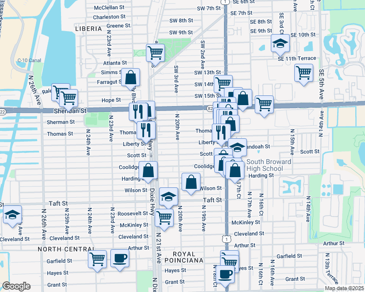 map of restaurants, bars, coffee shops, grocery stores, and more near 1958 Liberty Street in Hollywood
