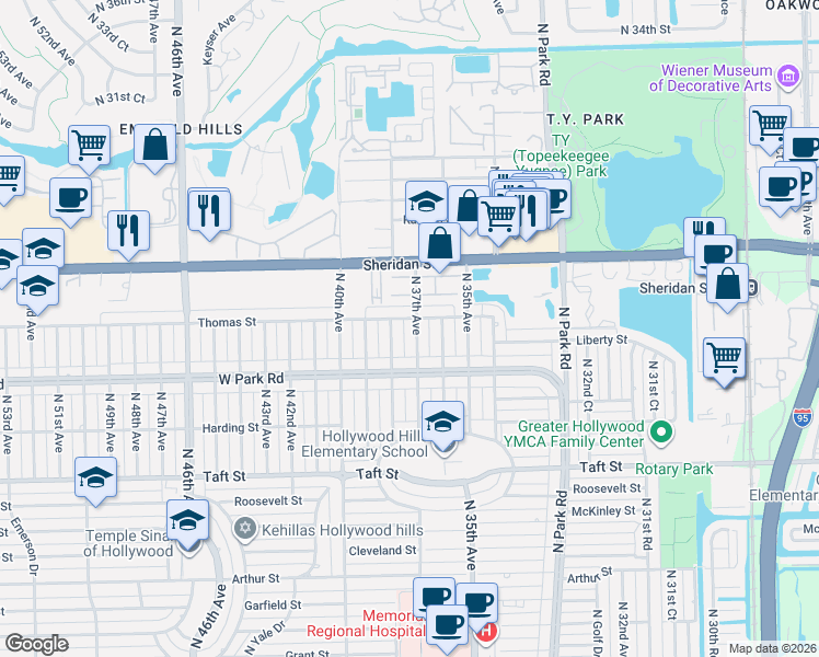 map of restaurants, bars, coffee shops, grocery stores, and more near 3641 Thomas Street in Hollywood