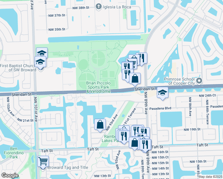 map of restaurants, bars, coffee shops, grocery stores, and more near 9499 Sheridan Street in Hollywood