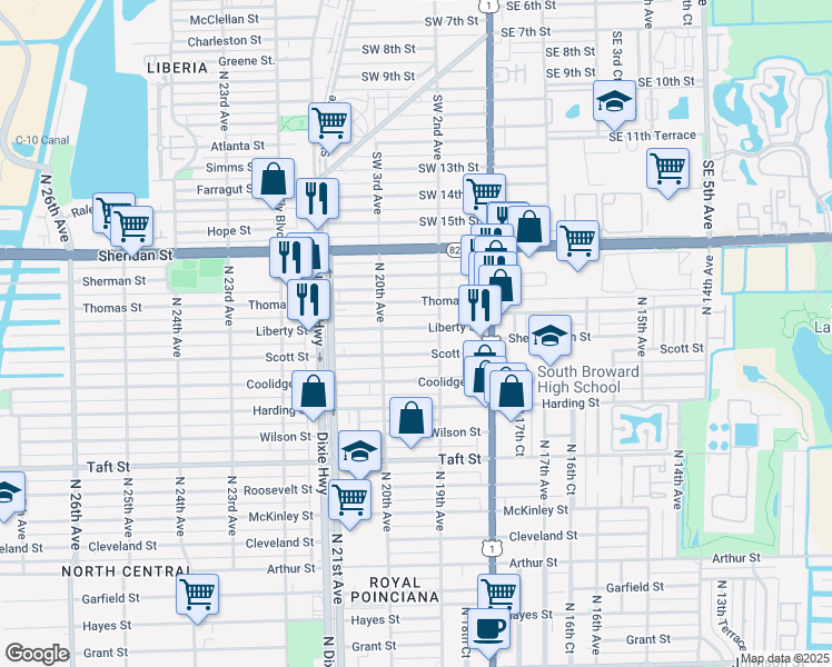 map of restaurants, bars, coffee shops, grocery stores, and more near 1935 Liberty Street in Hollywood