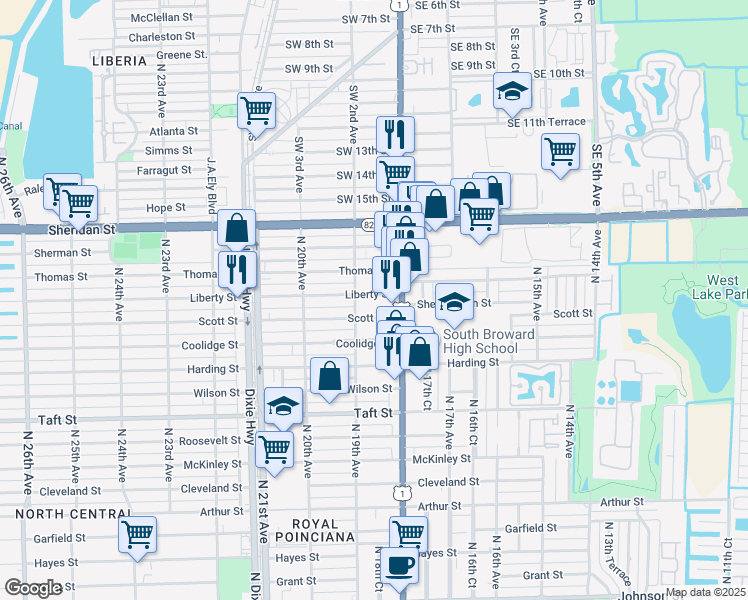map of restaurants, bars, coffee shops, grocery stores, and more near 1855 Liberty Street in Hollywood