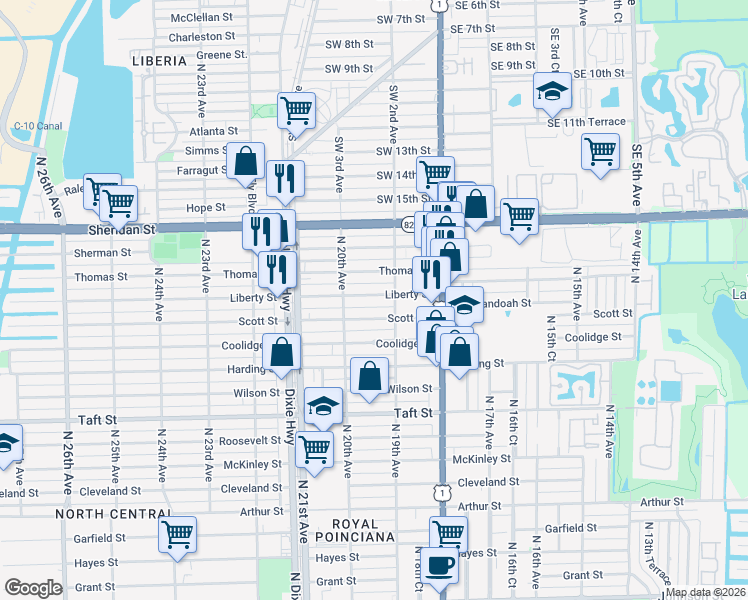 map of restaurants, bars, coffee shops, grocery stores, and more near 1935 Liberty Street in Hollywood