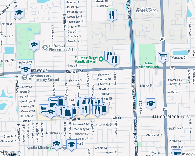 map of restaurants, bars, coffee shops, grocery stores, and more near 6541 Thomas Street in Hollywood