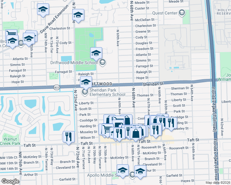 map of restaurants, bars, coffee shops, grocery stores, and more near 2346 North 69th Terrace in Hollywood