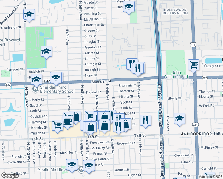 map of restaurants, bars, coffee shops, grocery stores, and more near 6570 Sherman Street in Hollywood