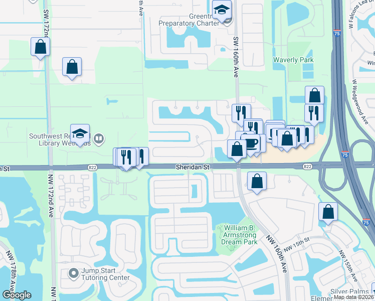 map of restaurants, bars, coffee shops, grocery stores, and more near 16315 Mariposa Circle North in Davie