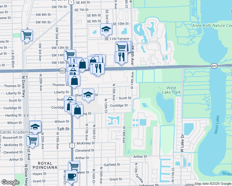 map of restaurants, bars, coffee shops, grocery stores, and more near 2115 North 15th Avenue in Hollywood