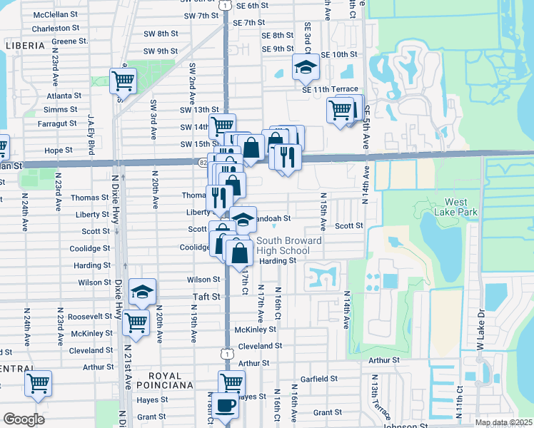map of restaurants, bars, coffee shops, grocery stores, and more near 1626 Liberty Street in Hollywood