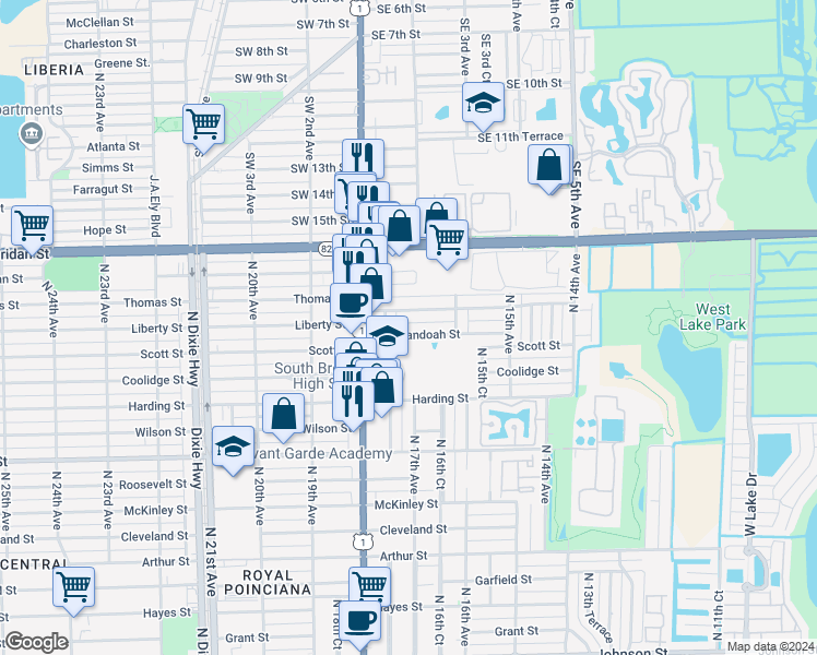 map of restaurants, bars, coffee shops, grocery stores, and more near 2145 North 17th Court in Hollywood