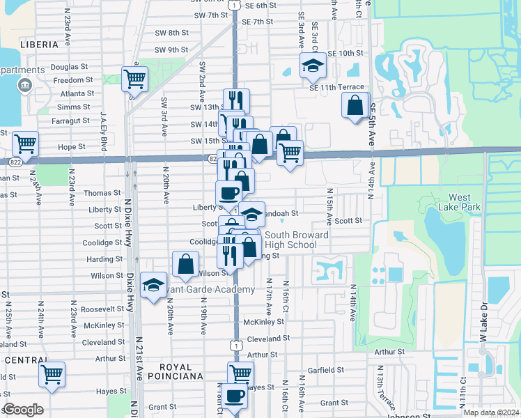 map of restaurants, bars, coffee shops, grocery stores, and more near 2145 North 17th Court in Hollywood