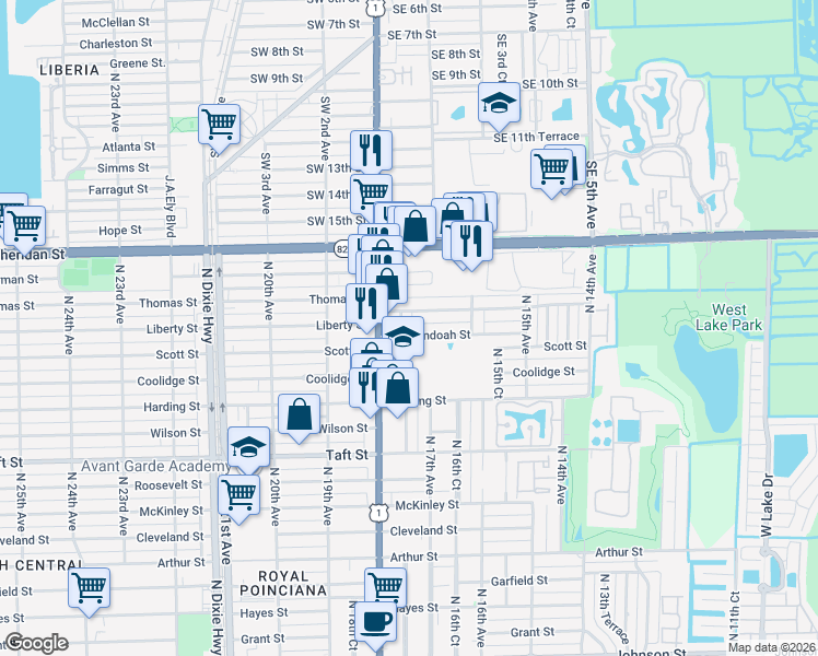 map of restaurants, bars, coffee shops, grocery stores, and more near 2145 North 17th Court in Hollywood